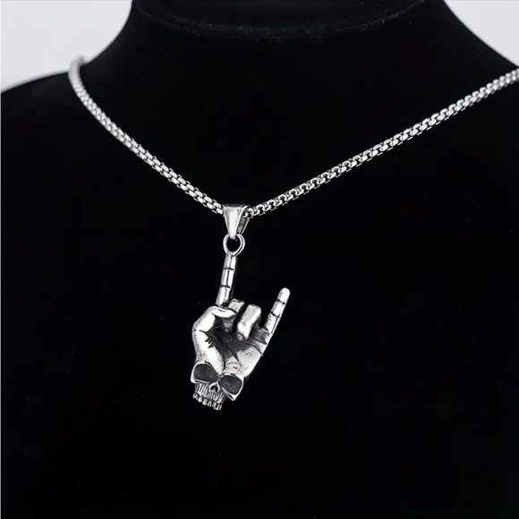 Other - Skull hand sign pendant silver plated necklace faux fashion jewelry‎